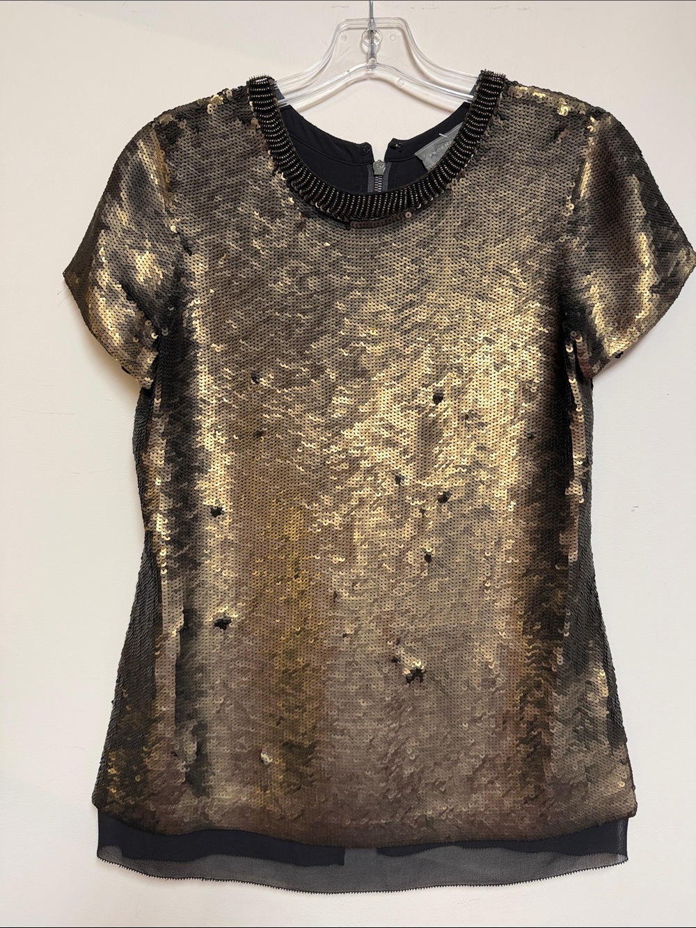 Proenza Schouler Gold Sequin Short Sleeve Top with Beaded Crew Neck